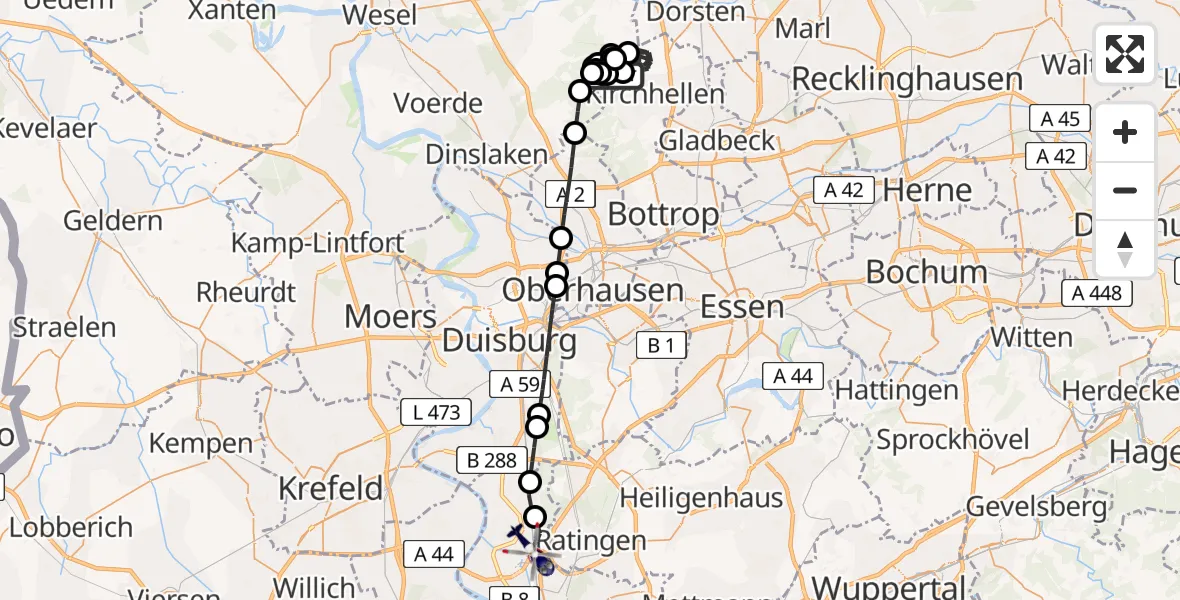 Flugroute Polizeihubschrauber Bottrop - Düsseldorf Flughafen, 16 Juni 2026, 09:18