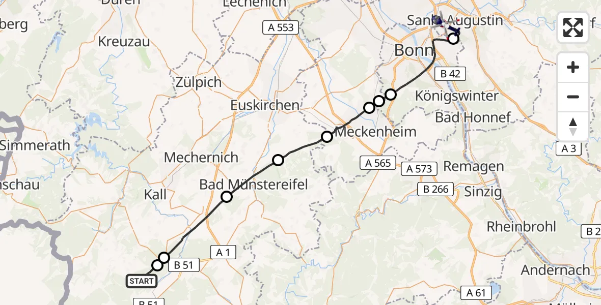 Flugroute Polizeihubschrauber Dahlem - Sankt Augustin, 16 Juni 2026, 09:18