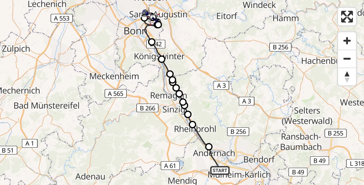 Flugroute Polizeihubschrauber Andernach - Bonn-Hangelar Flugplatz, 16 Juni 2026, 09:20