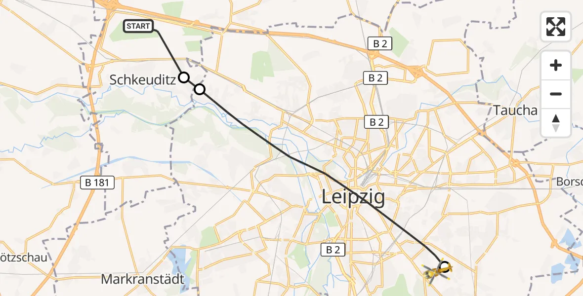 Flugroute Rettungshubschrauber Flughafen Leipzig/Halle - Leipzig Heart Center Ground Hubschrauberlandeplatz, 16 Juni 2026, 09:22