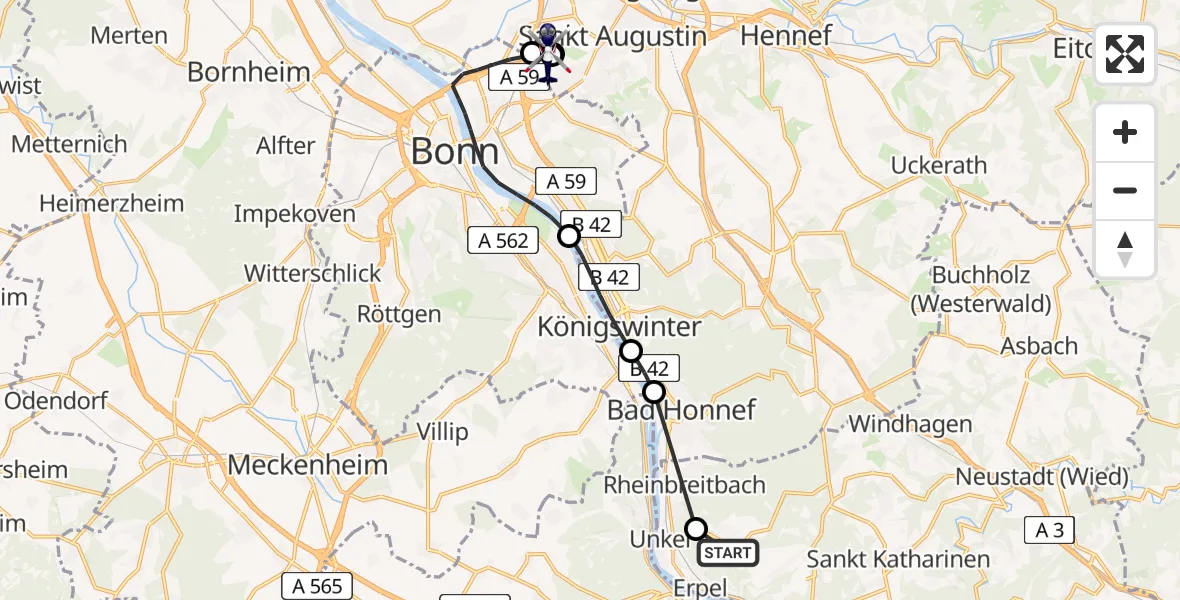 Flugroute Polizeihubschrauber Erpel - Sankt Augustin, 16 Juni 2026, 09:23