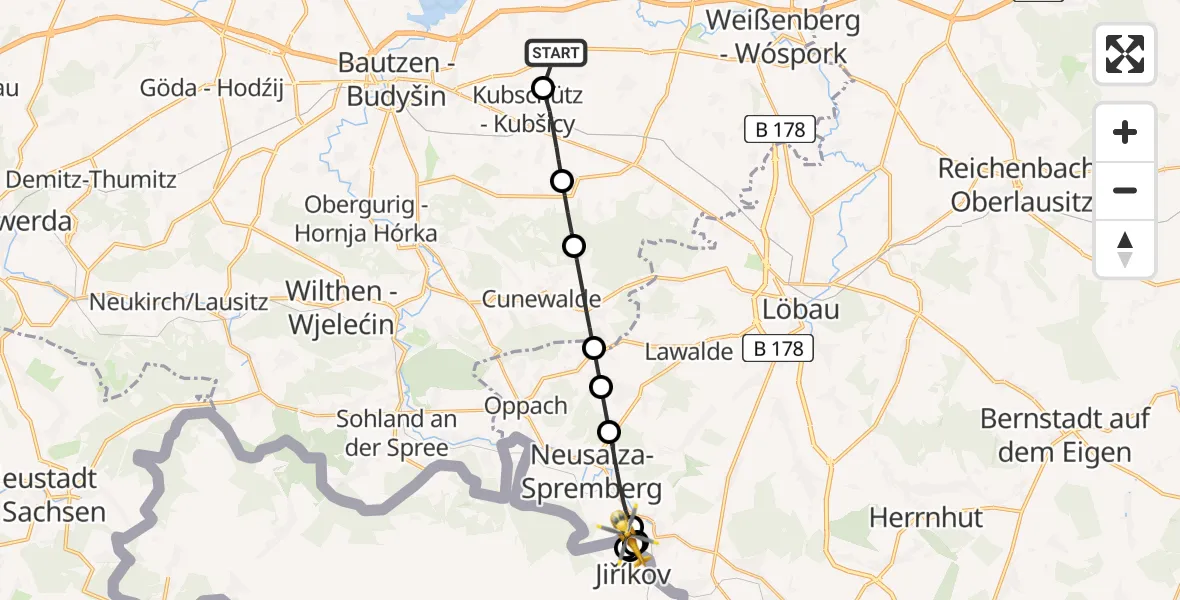 Flugroute Rettungshubschrauber Bautzen Flugplatz - Oberlausitzer Bergland Hospital Hubschrauberlandeplatz, 16 Juni 2026, 09:25