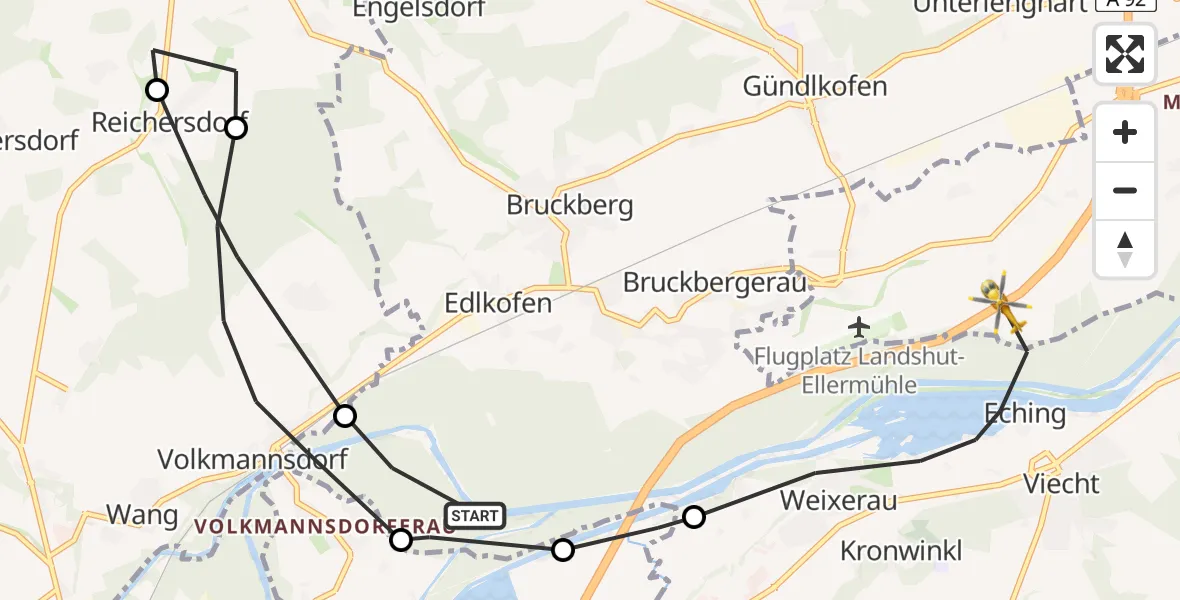 Flugroute Rettungshubschrauber Bruckberg - Landshut, 16 Juni 2026, 09:26