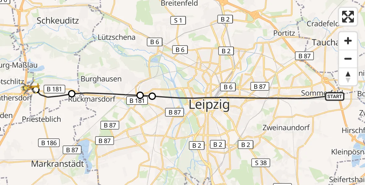 Flugroute Rettungshubschrauber Leipzig - ADAC Air Rescue Station Leipzig/Schkeuditz-Dölzig Hubschrauberlandeplatz (Christoph 61), 16 Juni 2026, 09:29
