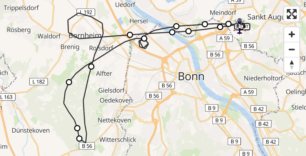 Flugroute Polizeihubschrauber Bonn-Hangelar Flugplatz - Sankt Augustin, 16 Juni 2026, 09:31