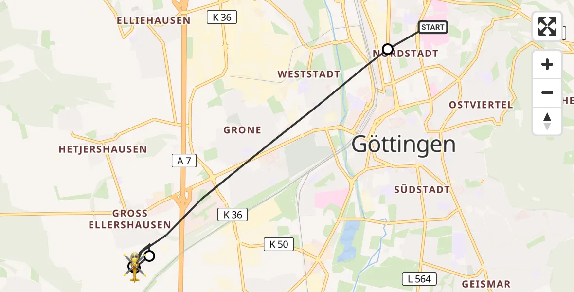Flugroute Rettungshubschrauber Göttingen University Clinic Hubschrauberlandeplatz - Rosdorf, 16 Juni 2026, 09:35