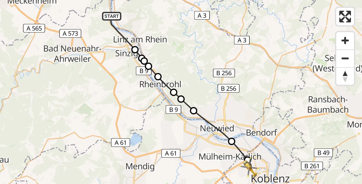 Flugroute Rettungshubschrauber Remagen - Koblenz, 16 Juni 2026, 09:35