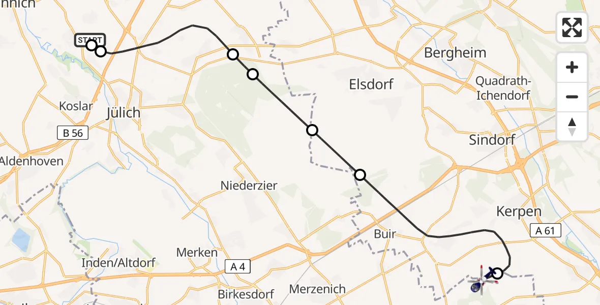 Flugroute Polizeihubschrauber Linnich-Boslar Ultraleichtflugplatz - Militärflugplatz Nörvenich, 16 Juni 2026, 09:37