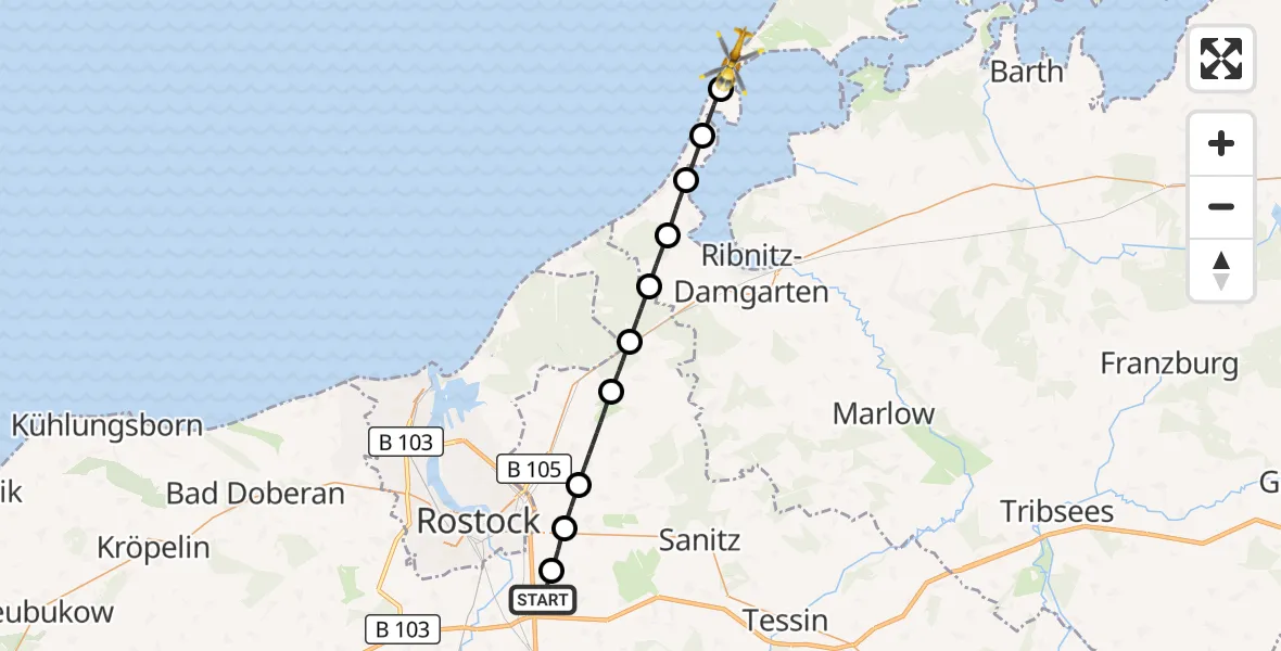 Flugroute Ambulanzhubschrauber Dummerstorf - Ahrenshoop, 16 Juni 2026, 09:37