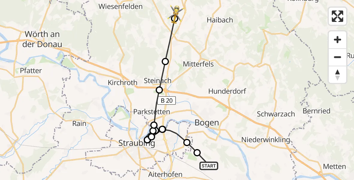 Flugroute Rettungshubschrauber Straßkirchen - Rattiszell, 16 Juni 2026, 09:41
