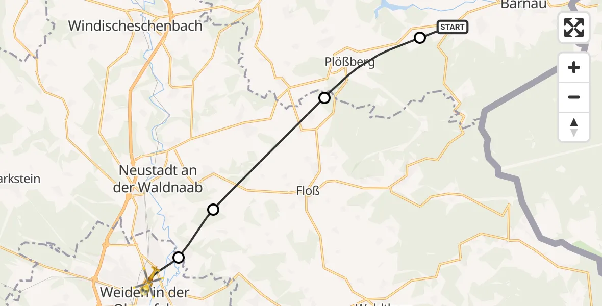 Flugroute Rettungshubschrauber Bärnau - Weiden Hospital Hubschrauberlandeplatz, 16 Juni 2026, 09:43