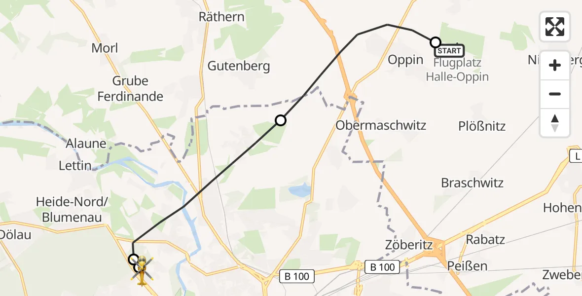 Flugroute Rettungshubschrauber Halle-Oppin Flugplatz - Halle (Saale) University Hospital, 16 Juni 2026, 09:47