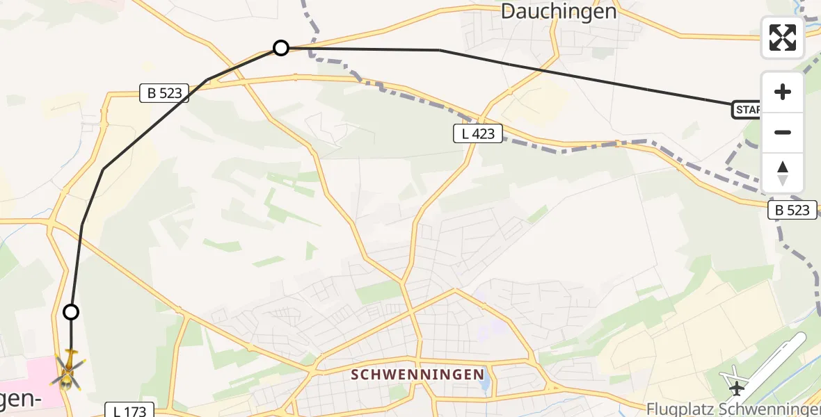 Flugroute Ambulanzhubschrauber Dauchingen - DRF Air Rescue Station Villingen-Schwenningen Hubschrauberlandeplatz (Christoph 11), 16 Juni 2026, 09:52