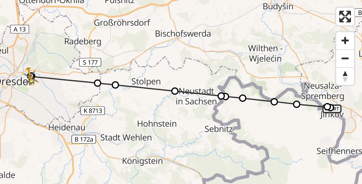 Flugroute Rettungshubschrauber Oberlausitzer Bergland Hospital - Dresden University Hospital, 16 Juni 2026, 09:55