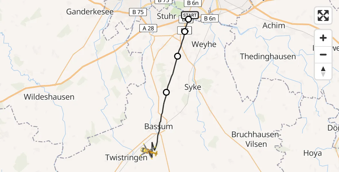Flugroute Rettungshubschrauber Bremen - Bassum, 16 Juni 2026, 09:59