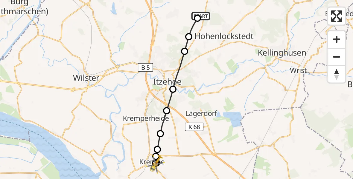 Flugroute Rettungshubschrauber Itzehoe Hungriger Wolf Flugplatz - Grevenkop, 16 Juni 2026, 10:00