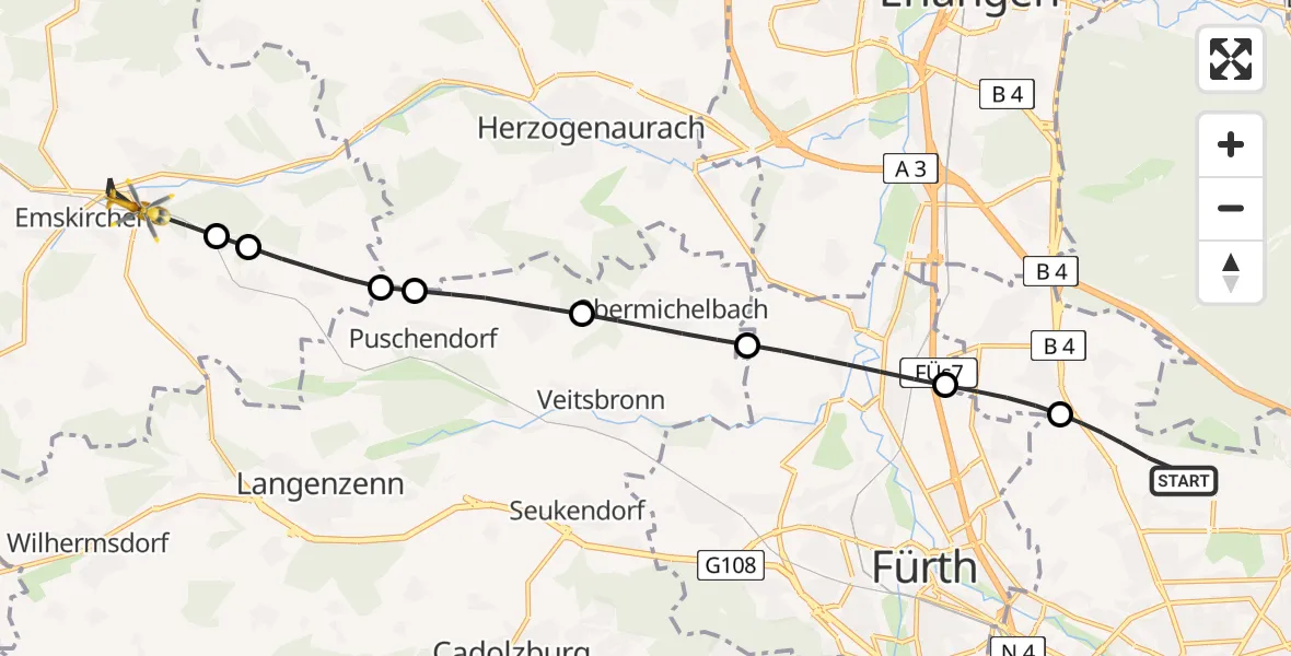 Flugroute Rettungshubschrauber Flughafen Nuremberg - Emskirchen, 16 Juni 2026, 10:06