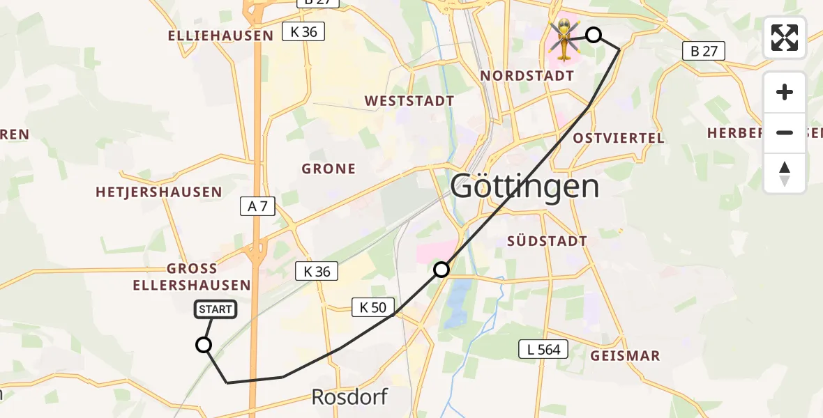 Flugroute Rettungshubschrauber Göttingen - Göttingen University Clinic Hubschrauberlandeplatz, 16 Juni 2026, 10:14