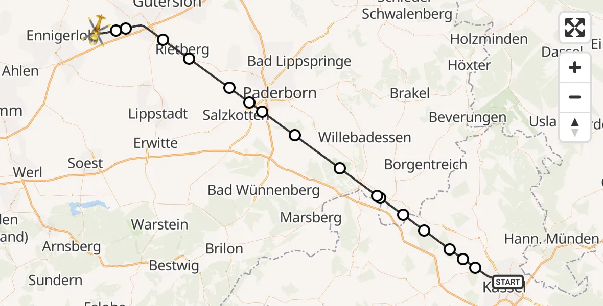 Flugroute Ambulanzhubschrauber Kassel - Oelde, 16 Juni 2026, 10:15