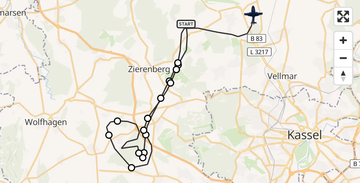 Flugroute Polizeiflugzeug Calden - Grebenstein, 16 Juni 2026, 10:15