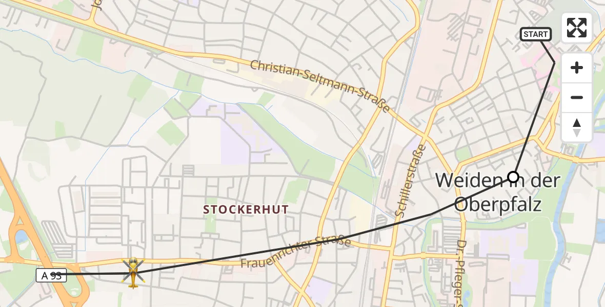 Flugroute Rettungshubschrauber Weiden Hospital - Weiden i.d.OPf., 16 Juni 2026, 10:18