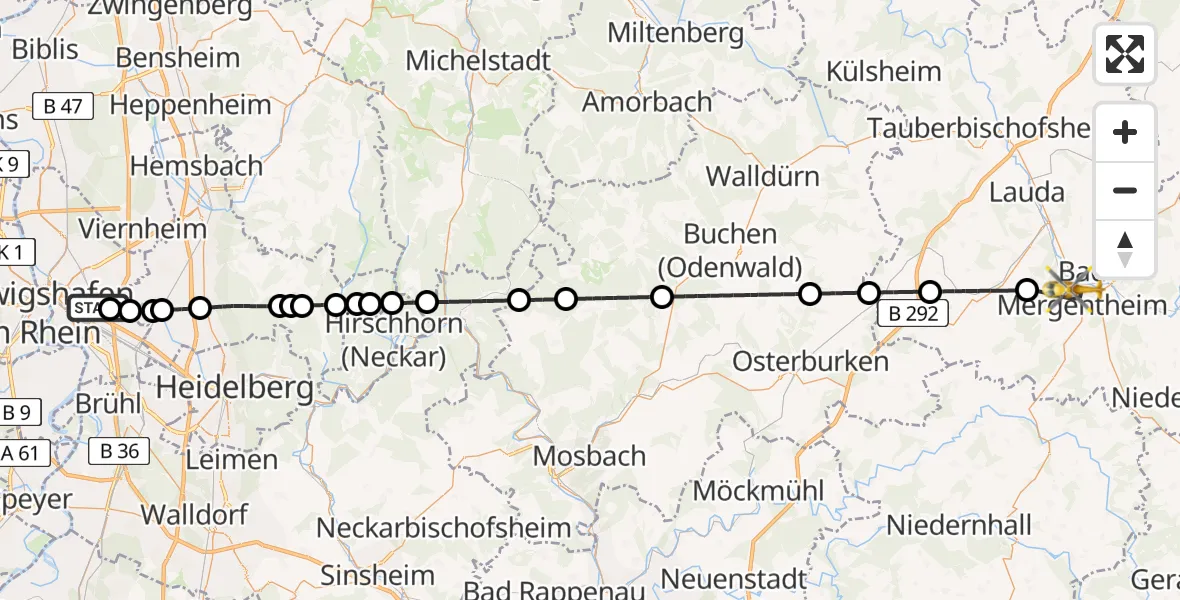 Flugroute Rettungshubschrauber Mannheim-City Flughafen - Bad Mergentheim, 16 Juni 2026, 10:18