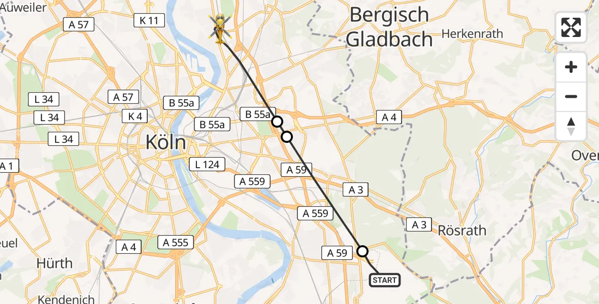 Flugroute Rettungshubschrauber Köln Bonn Flughafen - Köln, 16 Juni 2026, 10:20
