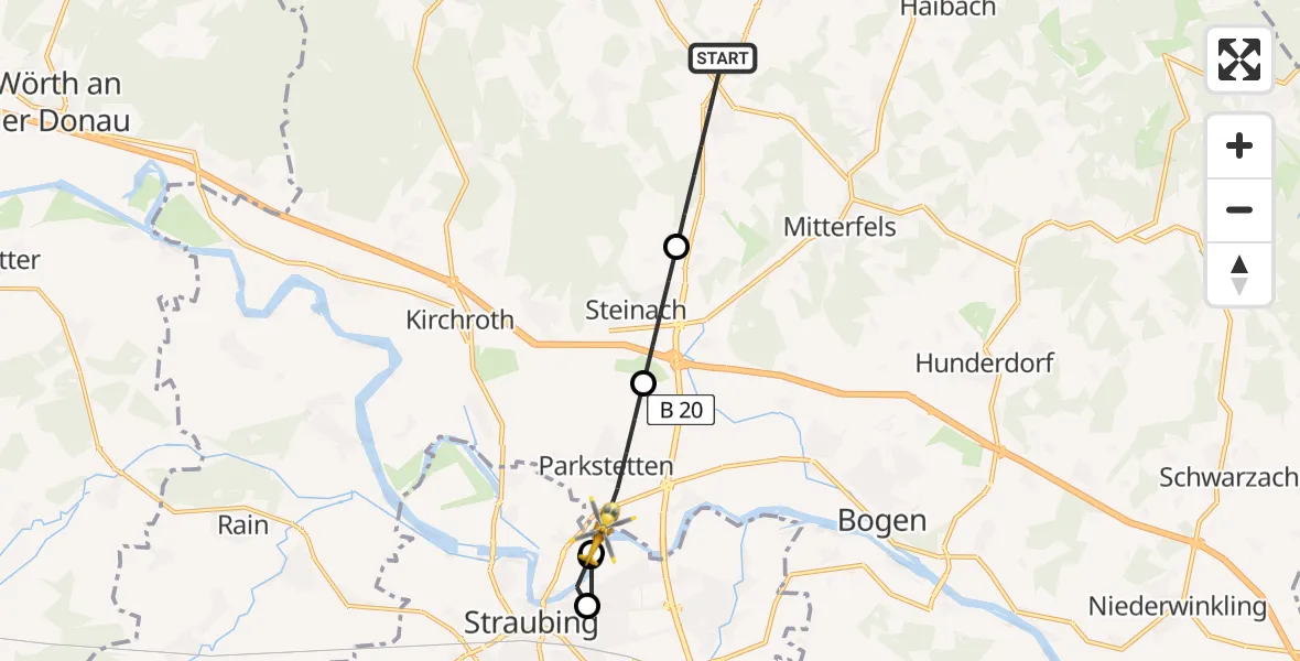 Flugroute Rettungshubschrauber Ascha - Parkstetten, 16 Juni 2026, 10:20