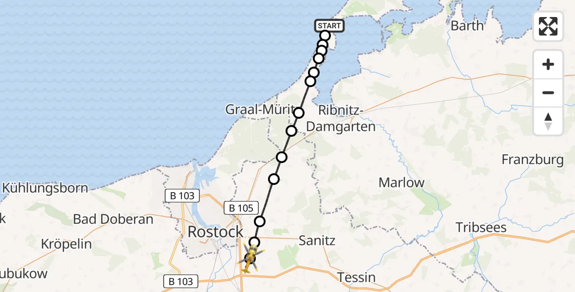 Flugroute Ambulanzhubschrauber Ahrenshoop - Dummerstorf, 16 Juni 2026, 10:20