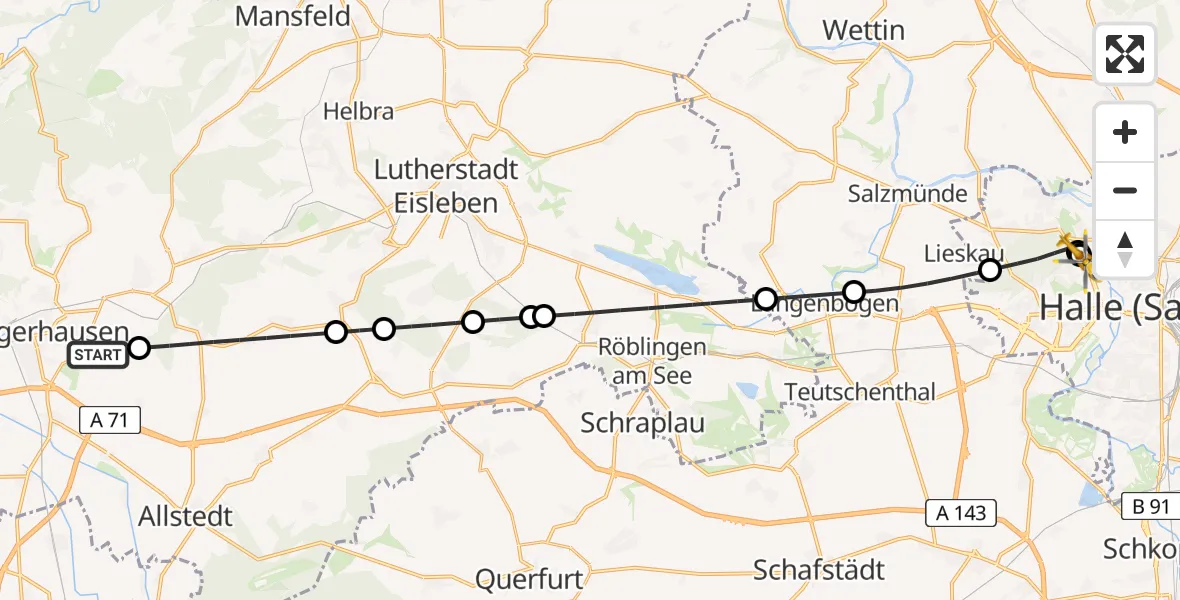 Flugroute Rettungshubschrauber Sangerhausen - Halle (Saale) University Hospital, 16 Juni 2026, 10:24