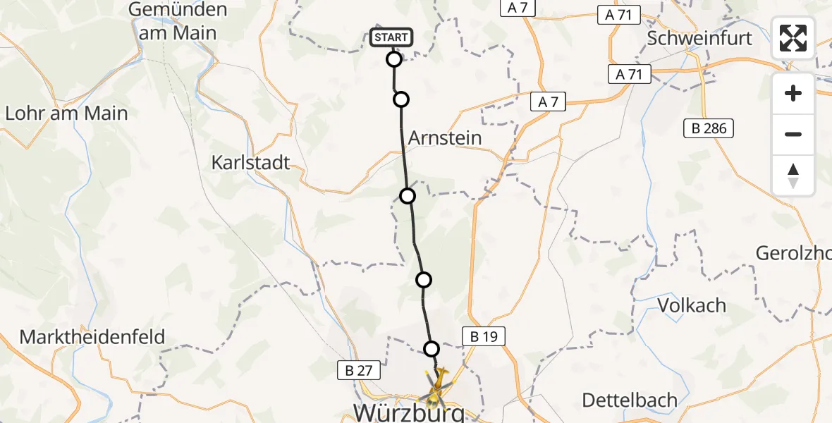 Flugroute Rettungshubschrauber Hammelburg - Würzburg Universitätsklinikum Straubmühlweg Hubschrauberlandeplatz, 16 Juni 2026, 10:24