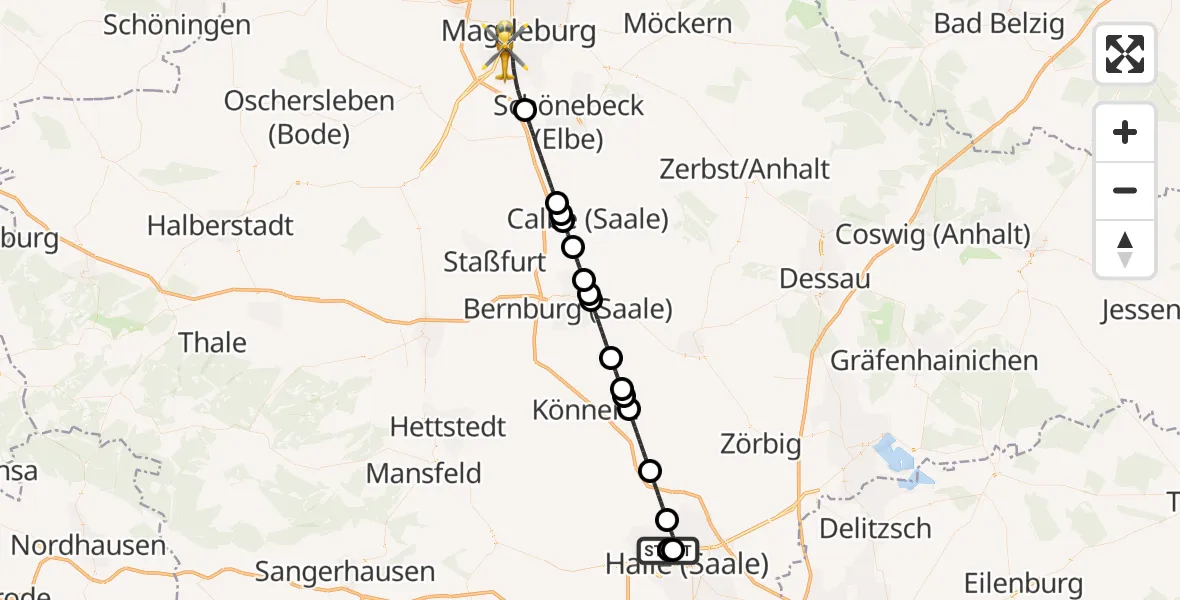 Flugroute Rettungshubschrauber Halle (Saale) University Hospital - Magdeburg, 16 Juni 2026, 10:24