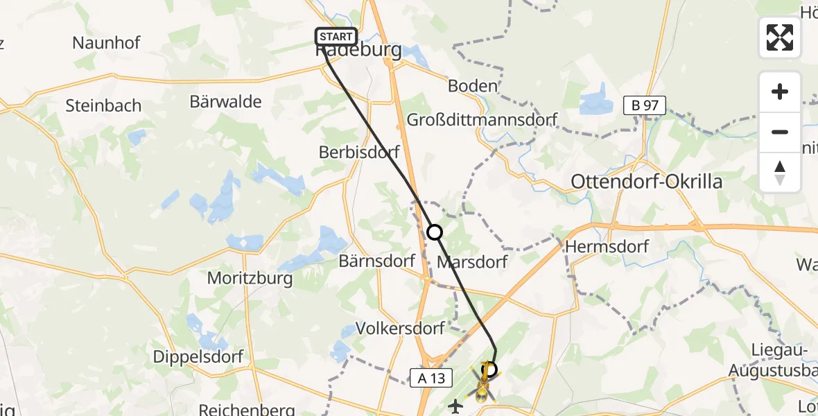 Flugroute Rettungshubschrauber Radeburg - Dresden Bundespolizei Hubschrauberlandeplatz, 16 Juni 2026, 10:32