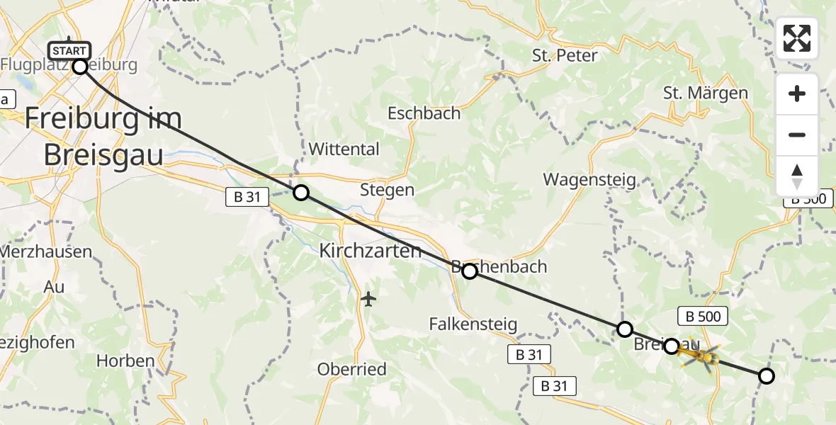 Flugroute Ambulanzhubschrauber Freiburg im Breisgau Flugplatz - Breitnau, 16 Juni 2026, 10:34