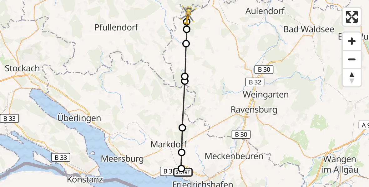 Flugroute Rettungshubschrauber Friedrichshafen Hospital - Hoßkirch, 16 Juni 2026, 10:38