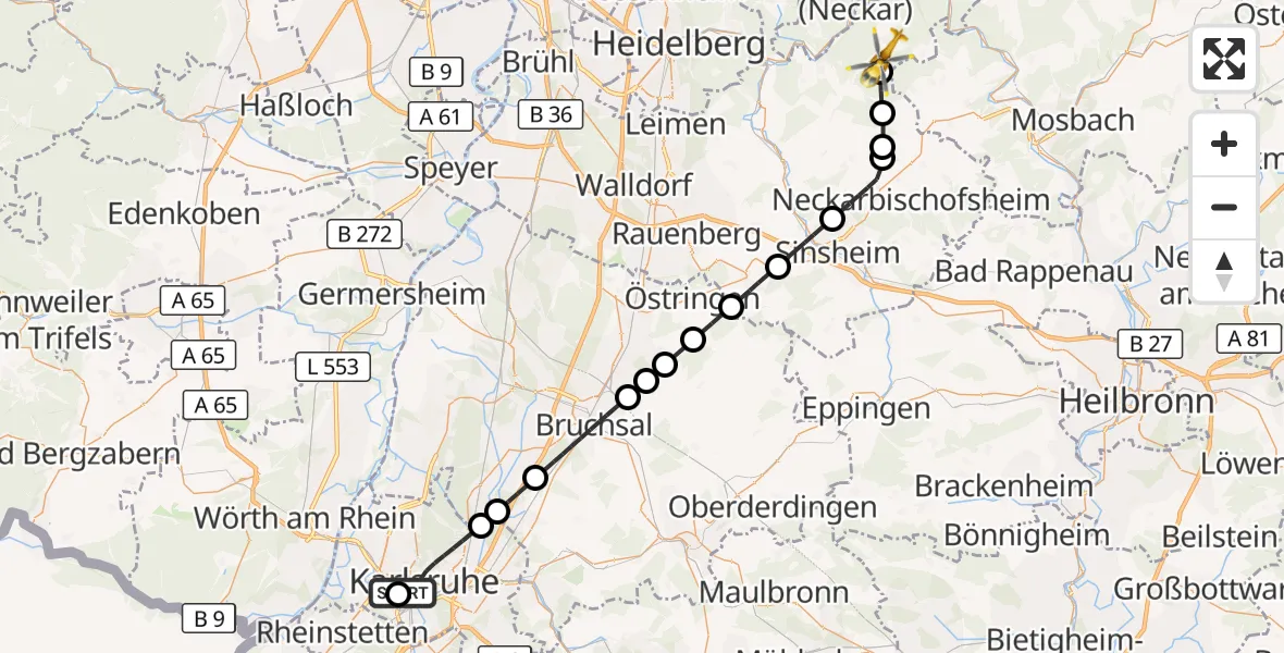 Flugroute Rettungshubschrauber Sankt Vincentius Hospital - Schönbrunn, 16 Juni 2026, 10:45