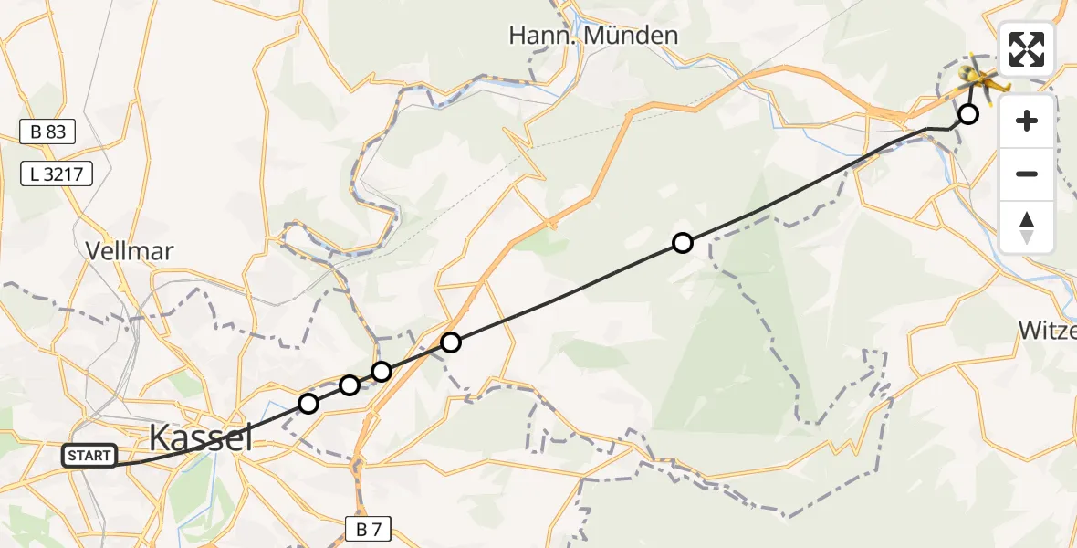 Flugroute Rettungshubschrauber Kassel - Witzenhausen, 16 Juni 2026, 10:53