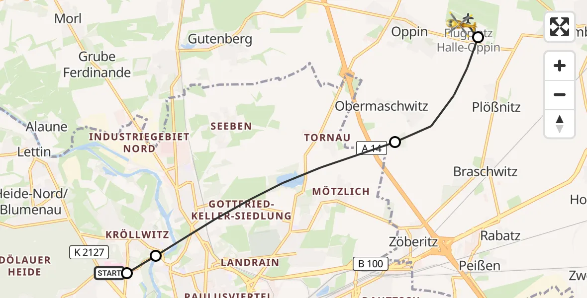 Flugroute Rettungshubschrauber Halle (Saale) University Hospital - Halle-Oppin Flugplatz, 16 Juni 2026, 10:57