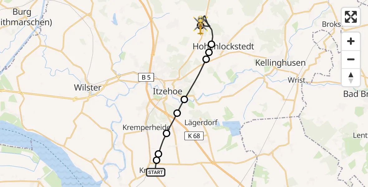 Flugroute Rettungshubschrauber Krempe - Itzehoe Hungriger Wolf Flugplatz, 16 Juni 2026, 11:01