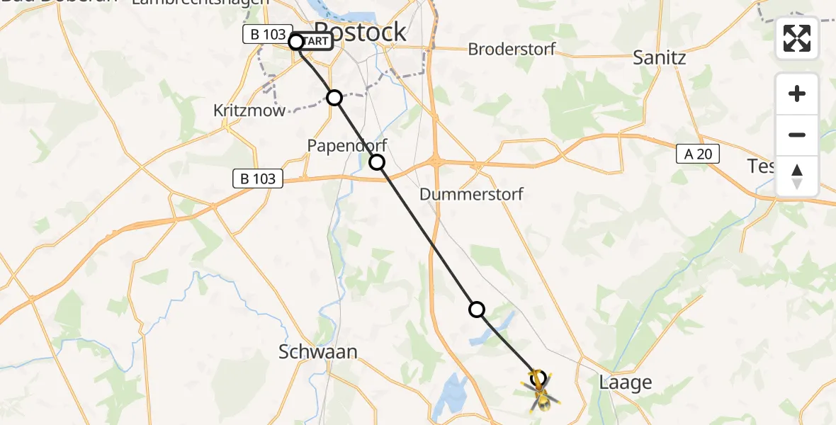 Flugroute Rettungshubschrauber Rostock University Hubschrauberlandeplatz - Flughafen Rostock-Laage, 16 Juni 2026, 11:07