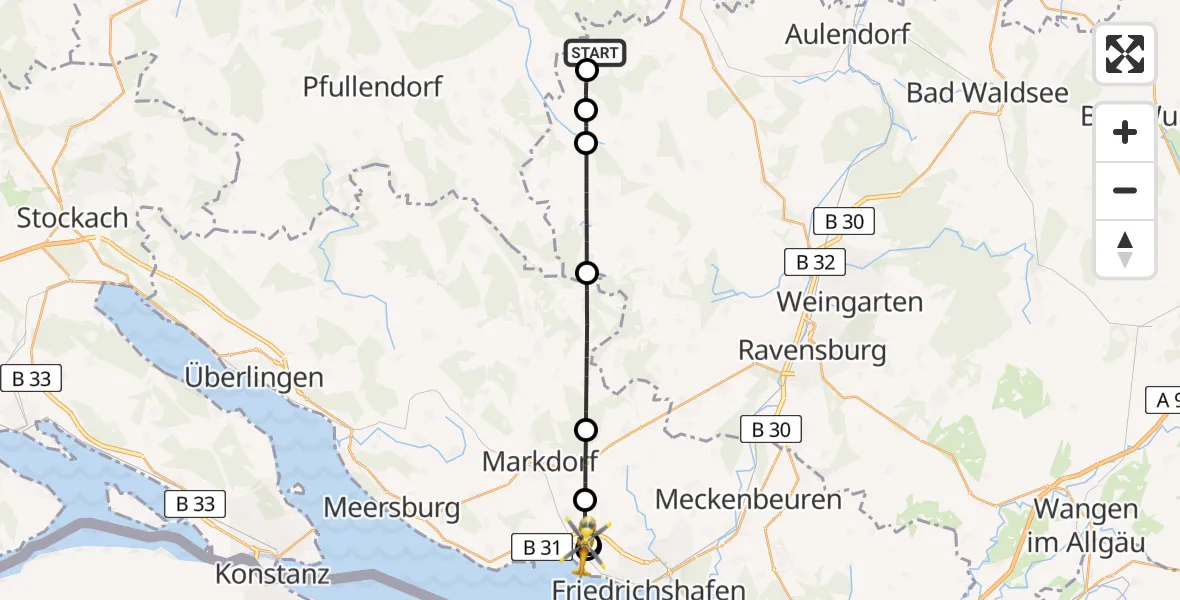 Flugroute Rettungshubschrauber Hoßkirch - Friedrichshafen Hospital, 16 Juni 2026, 11:09