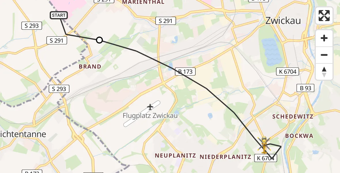 Flugroute Rettungshubschrauber ADAC Air Rescue Station Zwickau Hubschrauberlandeplatz - Zwickau, 16 Juni 2026, 11:15