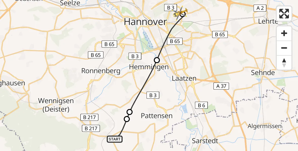 Flugroute Rettungshubschrauber Springe - Hannover Luftrettung Hubschrauberlandeplatz (Christoph 4), 16 Juni 2026, 11:16