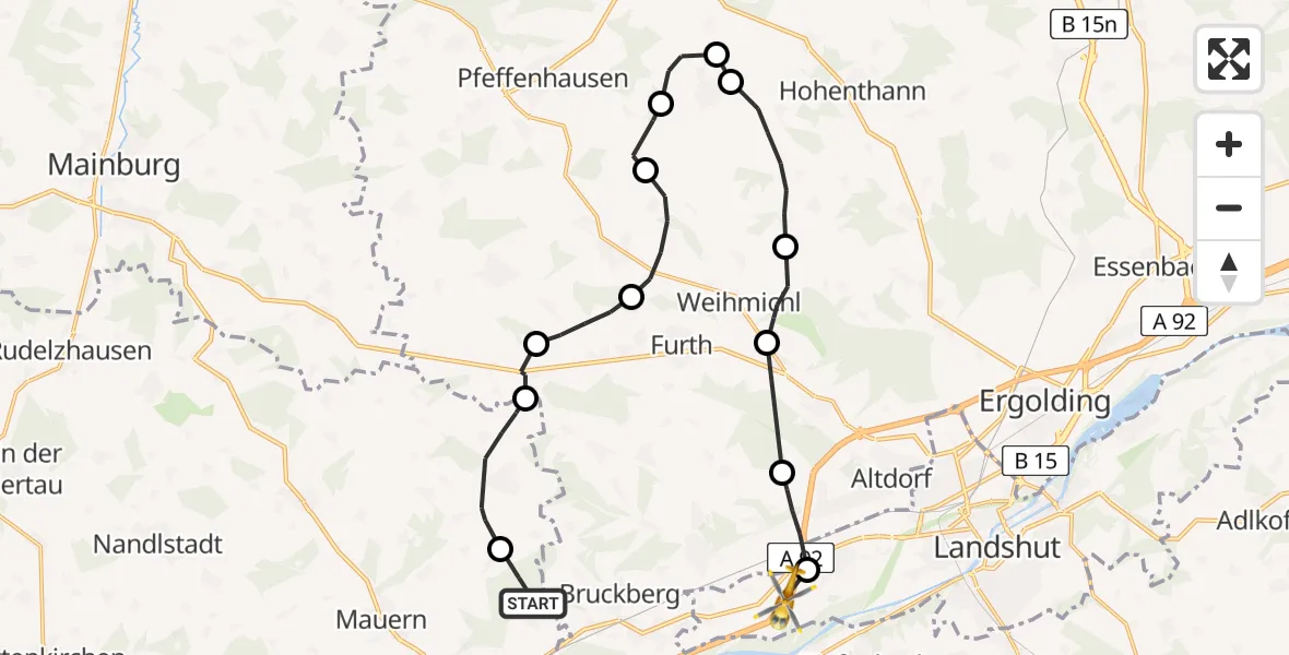 Flugroute Rettungshubschrauber Wang - Landshut, 16 Juni 2026, 11:17