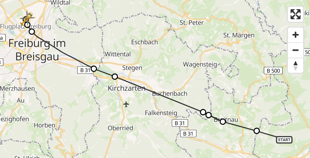 Flugroute Ambulanzhubschrauber Titisee-Neustadt - Freiburg im Breisgau Flugplatz, 16 Juni 2026, 11:17
