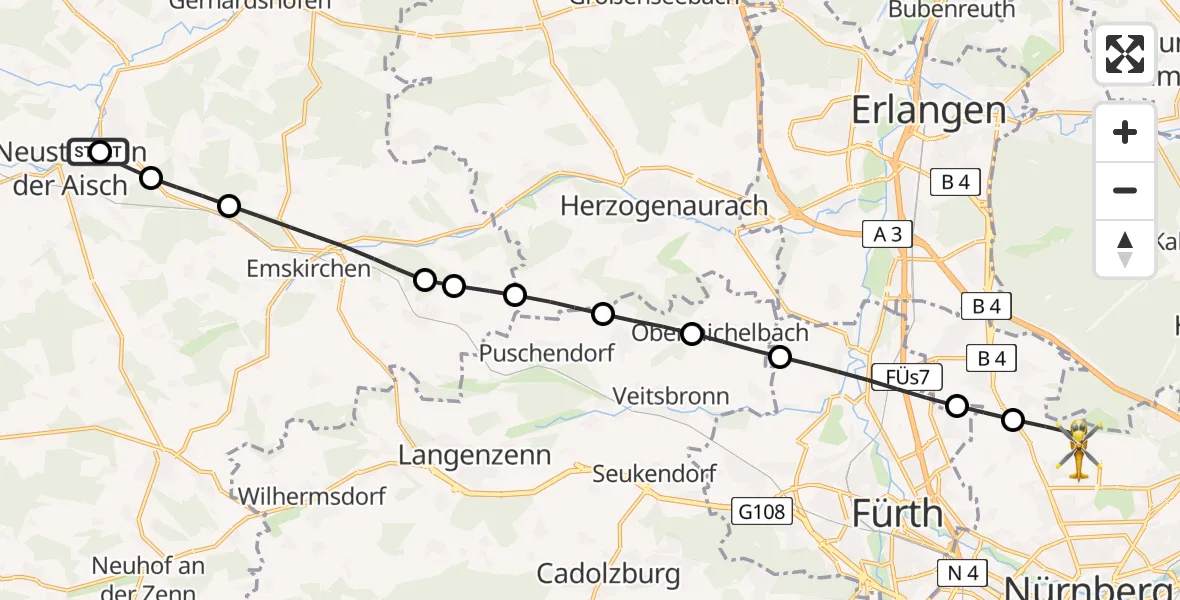 Flugroute Rettungshubschrauber Neustadt Hospital - Flughafen Nuremberg, 16 Juni 2026, 11:20