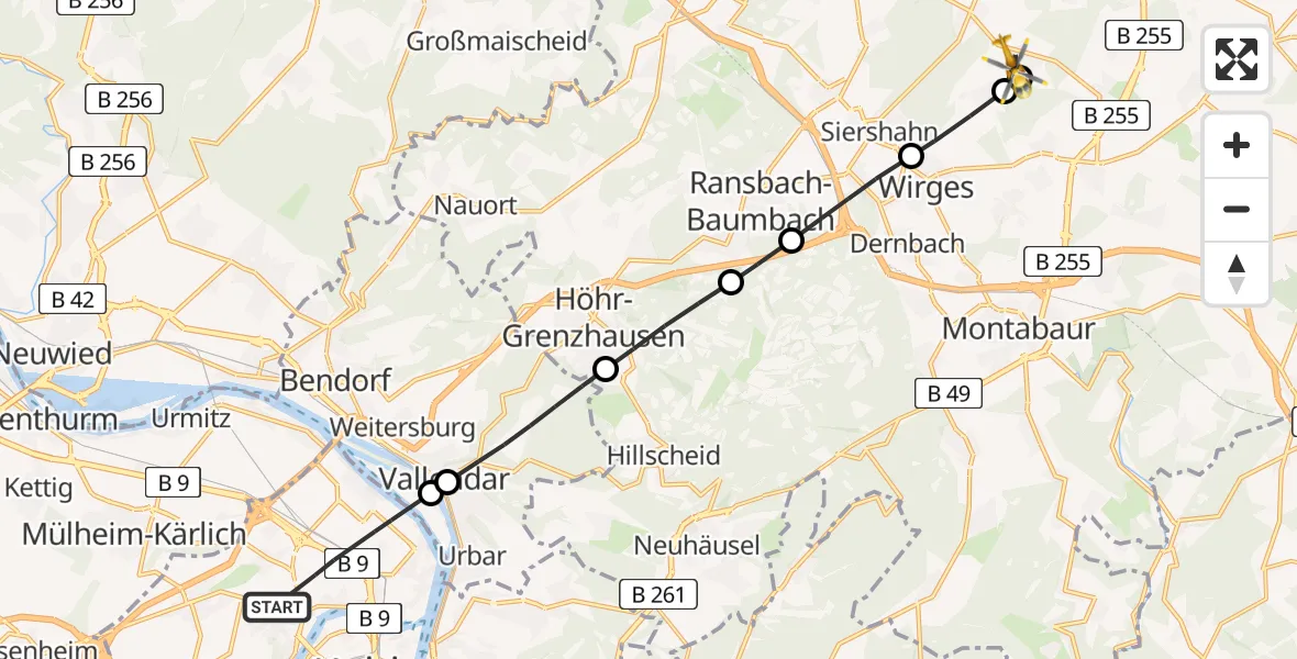 Flugroute Rettungshubschrauber Koblenz - Ötzingen, 16 Juni 2026, 11:23