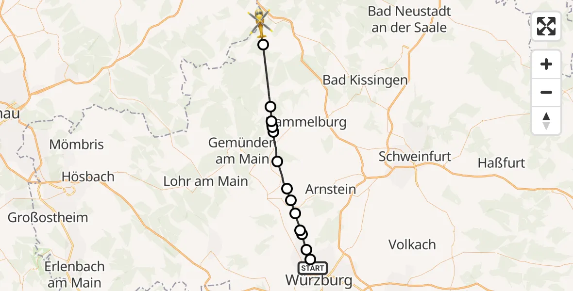 Flugroute Rettungshubschrauber Würzburg - Bad Brückenau, 16 Juni 2026, 11:23