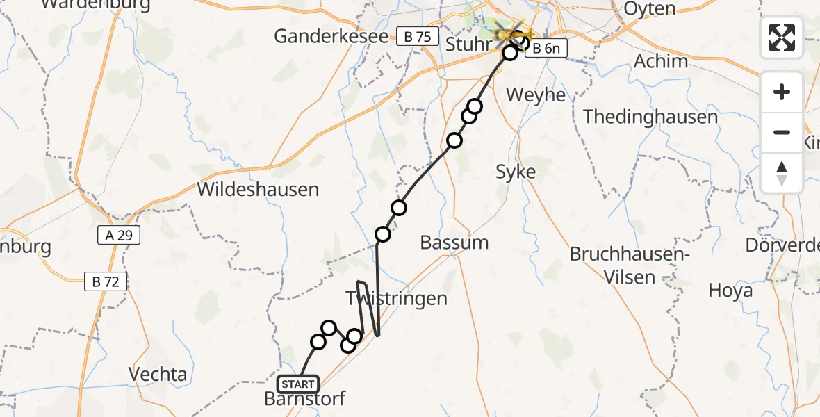 Flugroute Rettungshubschrauber Barnstorf - ADAC Air Rescue Station Bremen Hubschrauberlandeplatz (Christoph 6), 16 Juni 2026, 11:24
