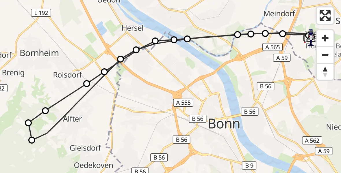 Flugroute Polizeihubschrauber Bonn-Hangelar Flugplatz - Sankt Augustin, 16 Juni 2026, 11:27